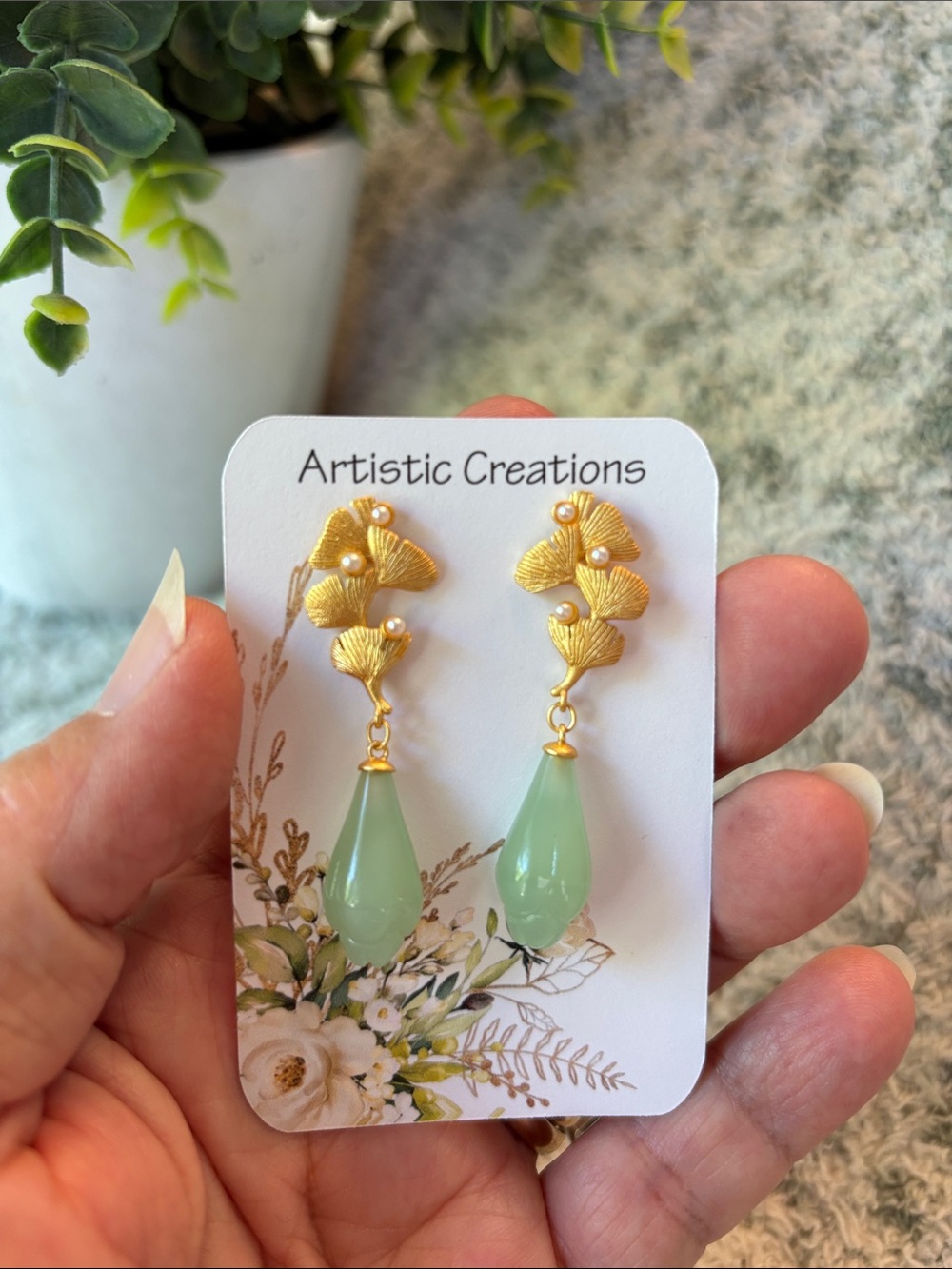 Artistic Creations Gold Ginkgo Leaf Drop Earrings w/ Green Teardrop NWT 1.75” - Picture 10 of 11